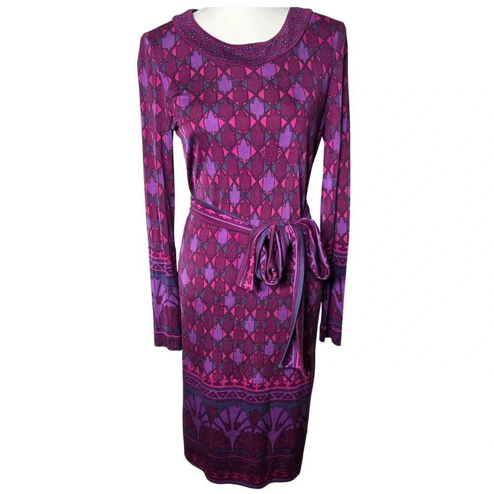 Tory Burch Audra‎ Silk Geometric Print Wrap Dress Purple Pink Long Sleeve Medium